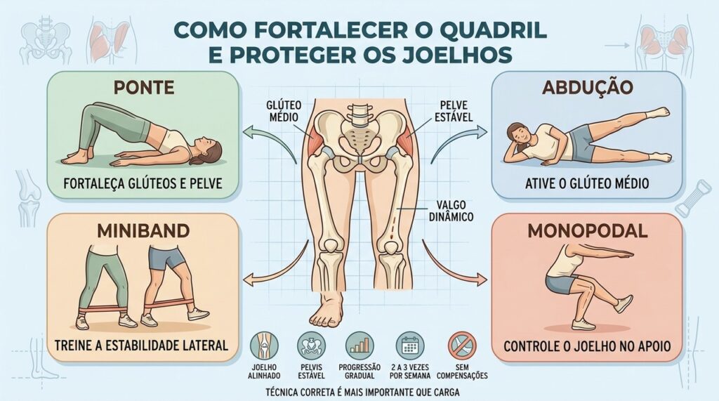 Ponte, abdução, miniband e agachamento monopodal reforçam a estabilidade do joelho.