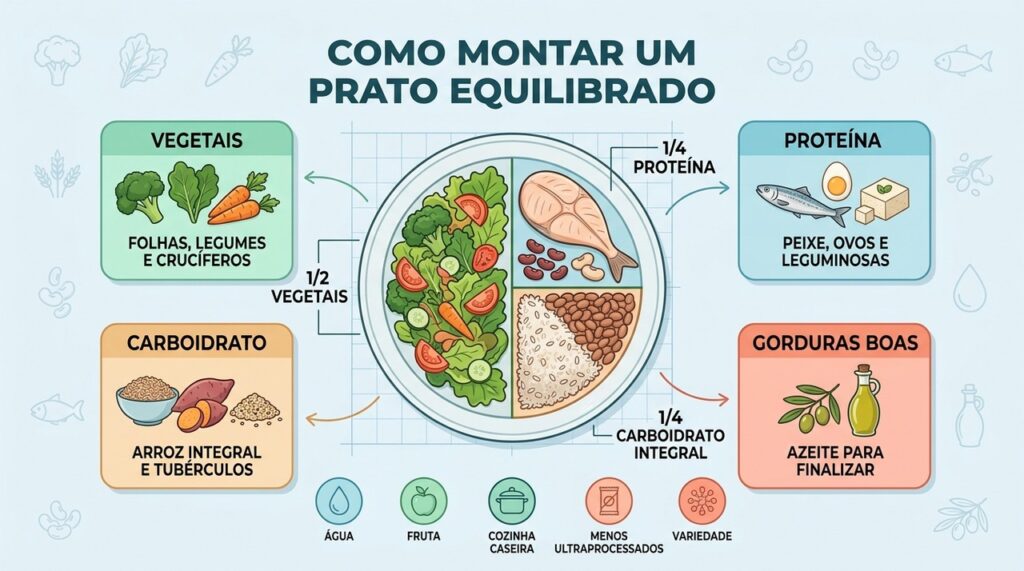 O método do prato organiza vegetais, proteína e carboidrato em proporções simples.