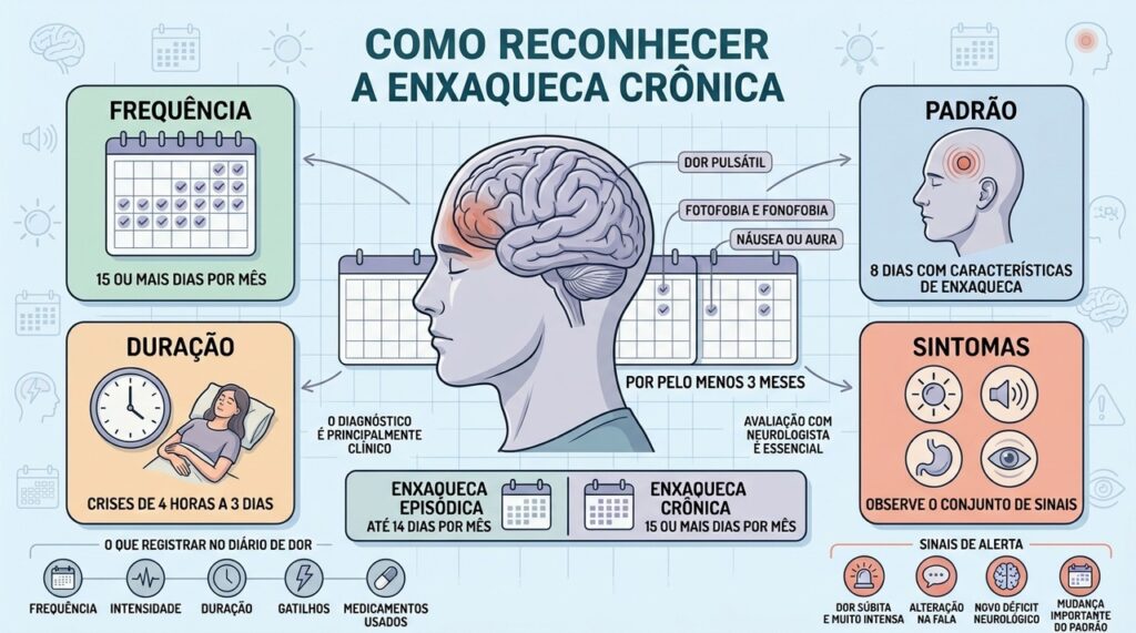 Frequência, duração e sintomas ajudam o neurologista a identificar enxaqueca crônica.