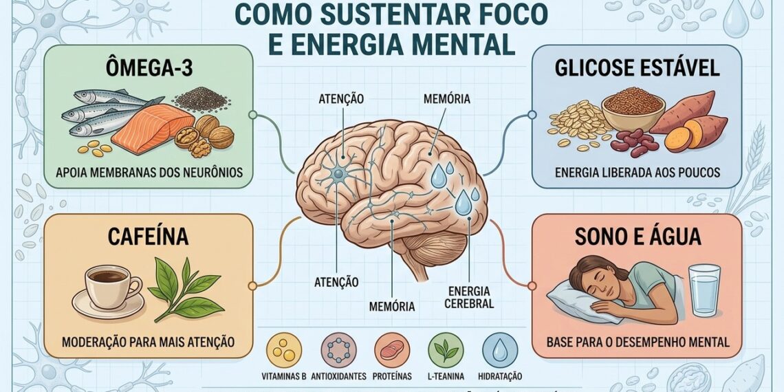 Ômega-3, glicose estável, cafeína moderada, sono e hidratação sustentam o foco.
