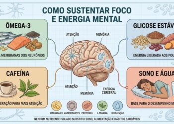 Ômega-3, glicose estável, cafeína moderada, sono e hidratação sustentam o foco.