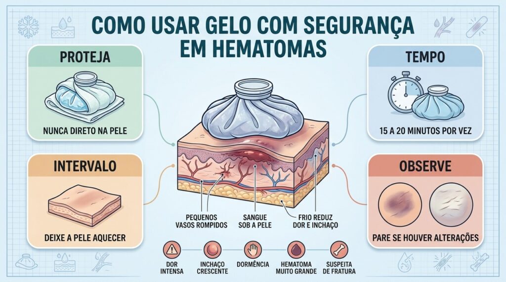 Proteção, tempo curto e intervalos tornam a aplicação de gelo mais segura.