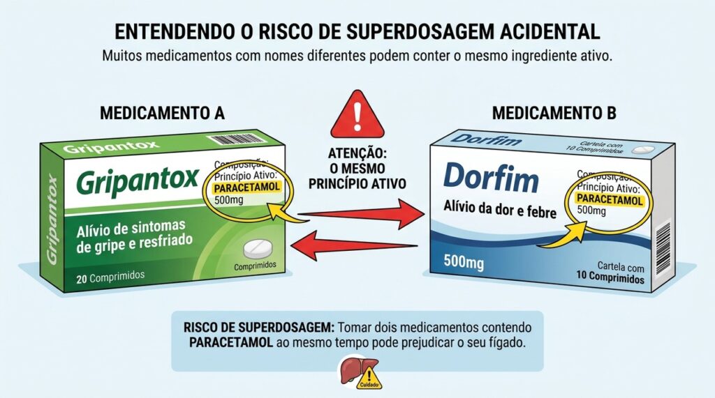 Conferir o princípio ativo ajuda a identificar paracetamol presente em mais de um medicamento.