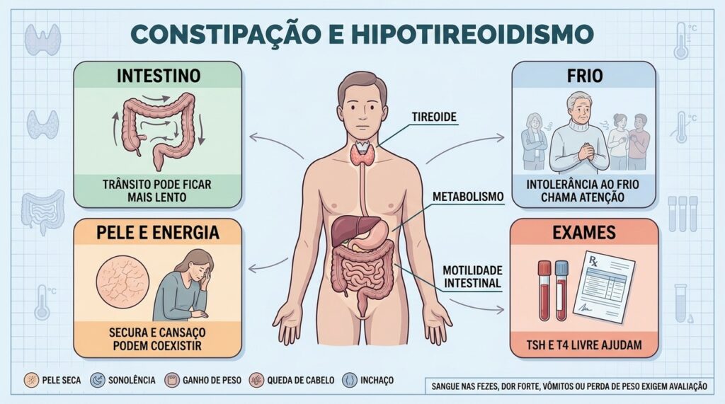 Constipação, frio, pele seca e cansaço podem justificar investigação da função tireoidiana.