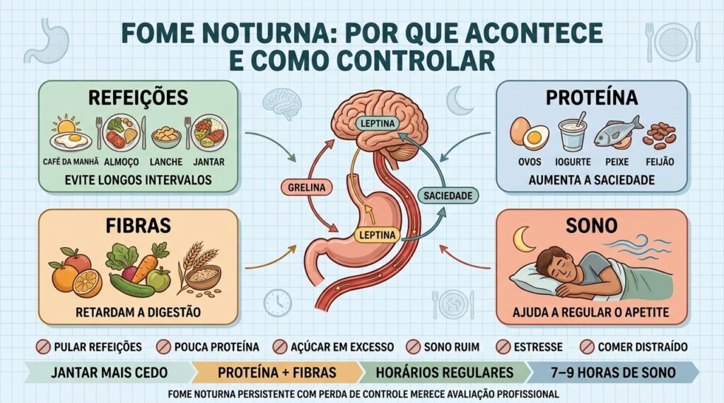 Refeições regulares, proteínas, fibras e sono ajudam a controlar a fome noturna.