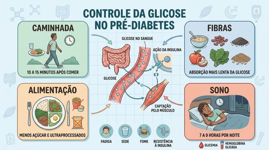 Caminhada, fibras, alimentação e sono ajudam a melhorar o controle glicêmico.