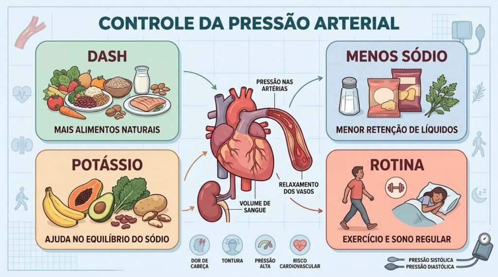 Dieta DASH, menos sódio, potássio e rotina saudável apoiam o controle da pressão.