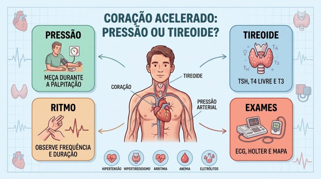 Pressão, tireoide, ritmo e exames ajudam a investigar o coração acelerado persistente.