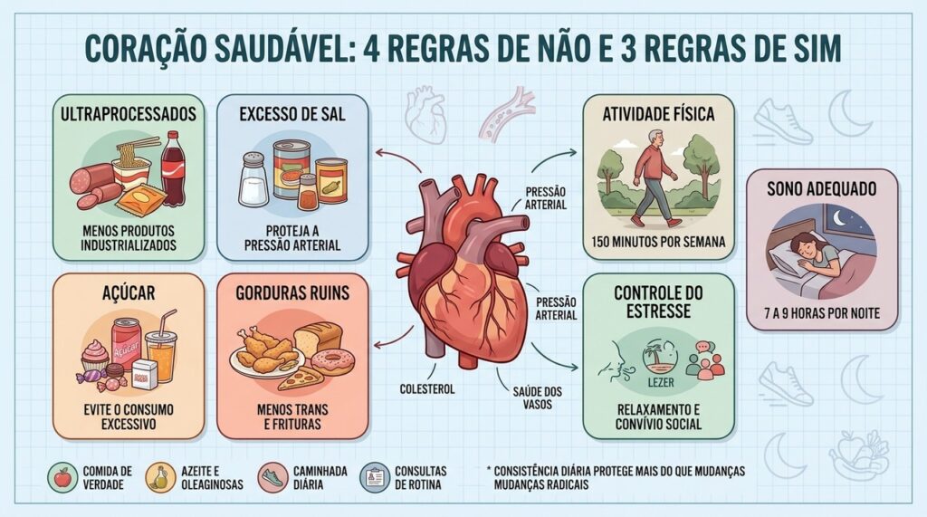 Quatro excessos a reduzir e três hábitos essenciais ajudam a preservar o coração.