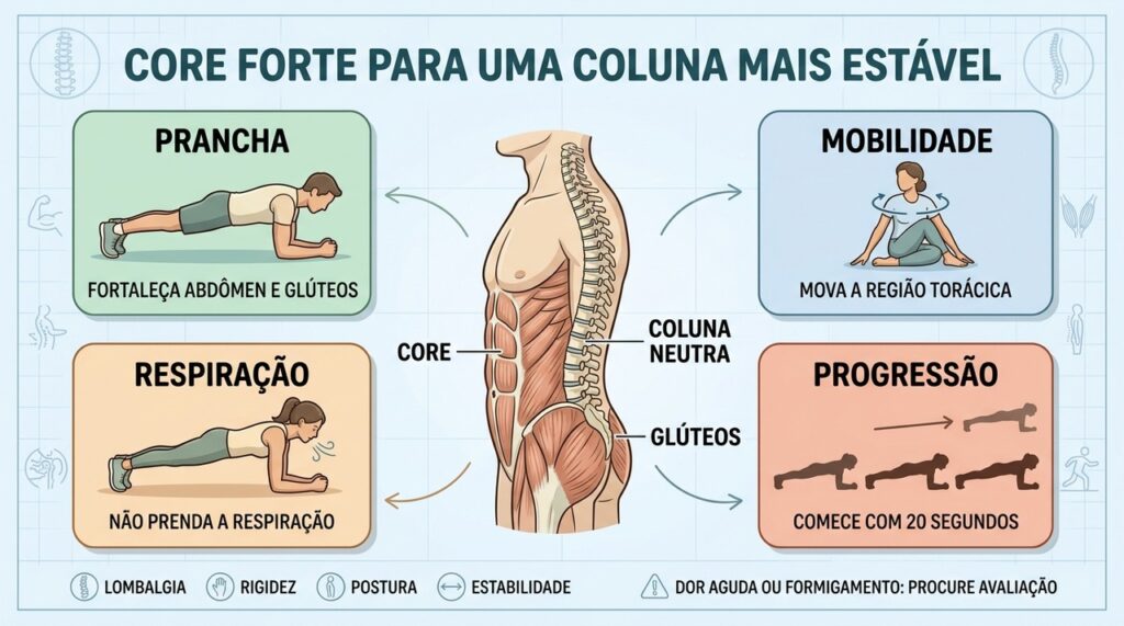 Prancha, mobilidade, respiração e progressão formam uma rotina para fortalecer e estabilizar o core.