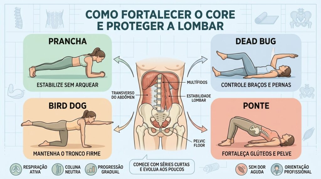 Prancha, dead bug, bird dog e ponte reforçam a estabilidade da lombar.