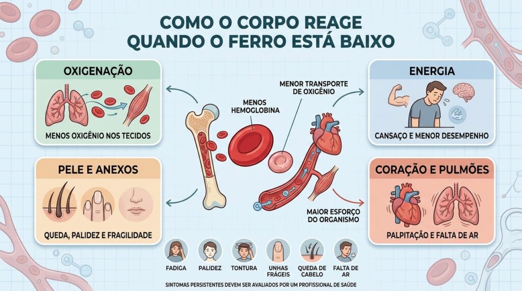 Quatro efeitos do ferro baixo explicam fadiga, palidez, queda de cabelo e falta de ar.