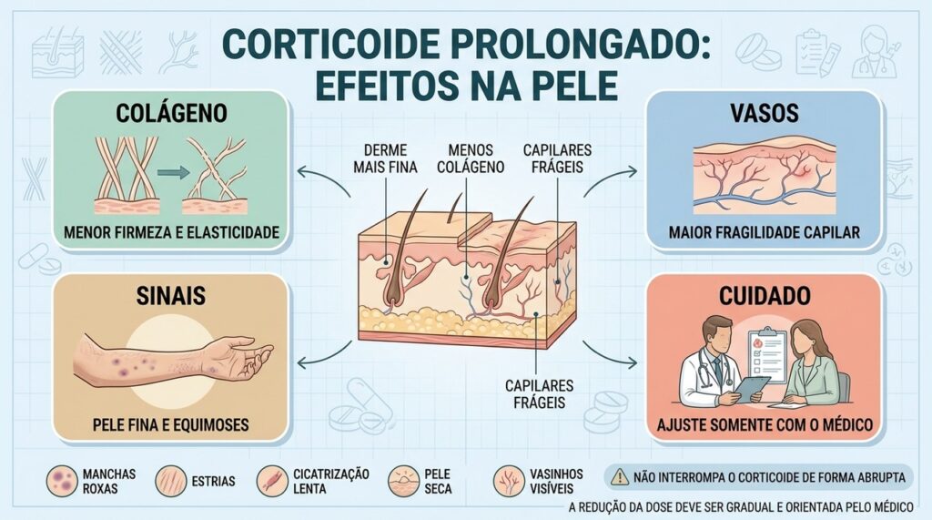 Colágeno reduzido, vasos frágeis e pele fina explicam as manchas roxas.