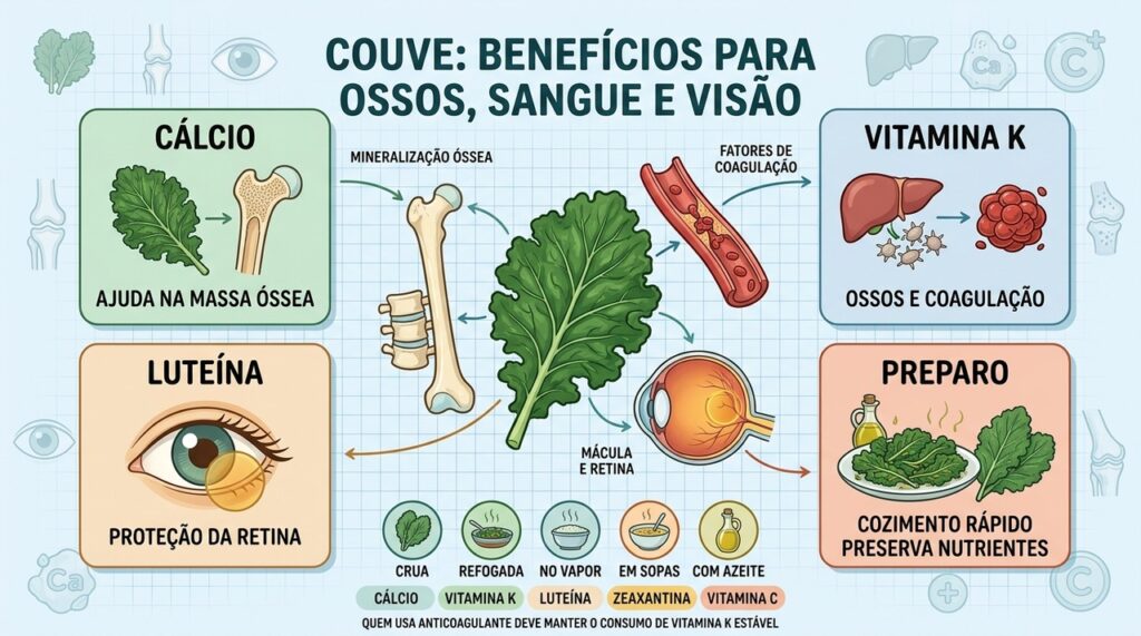 Cálcio, vitamina K, luteína e preparo adequado concentram os principais benefícios da couve.
