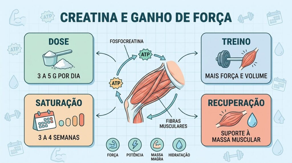 Dose, treino, saturação e recuperação explicam como a creatina favorece ganhos musculares.