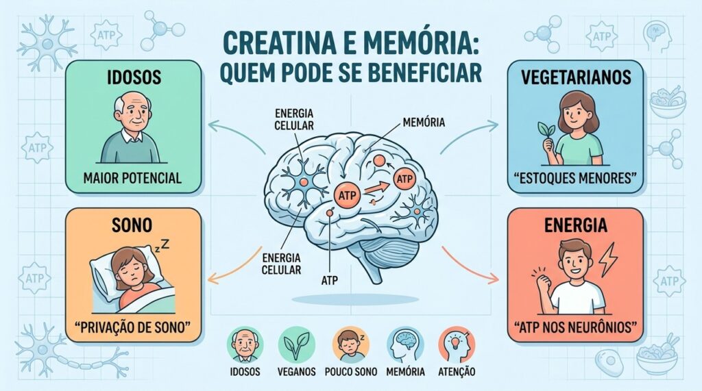 Idade, alimentação e privação de sono influenciam quem pode obter benefícios cognitivos da creatina.
