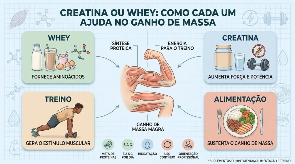 Whey, creatina, treino e alimentação atuam juntos na construção de massa muscular.