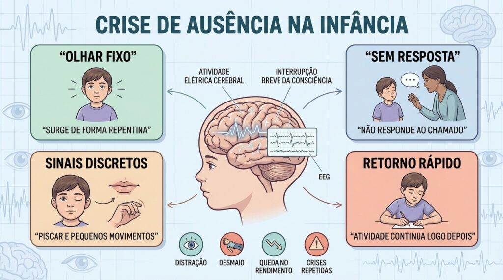Olhar fixo, falta de resposta e retorno imediato caracterizam crises de ausência típicas.