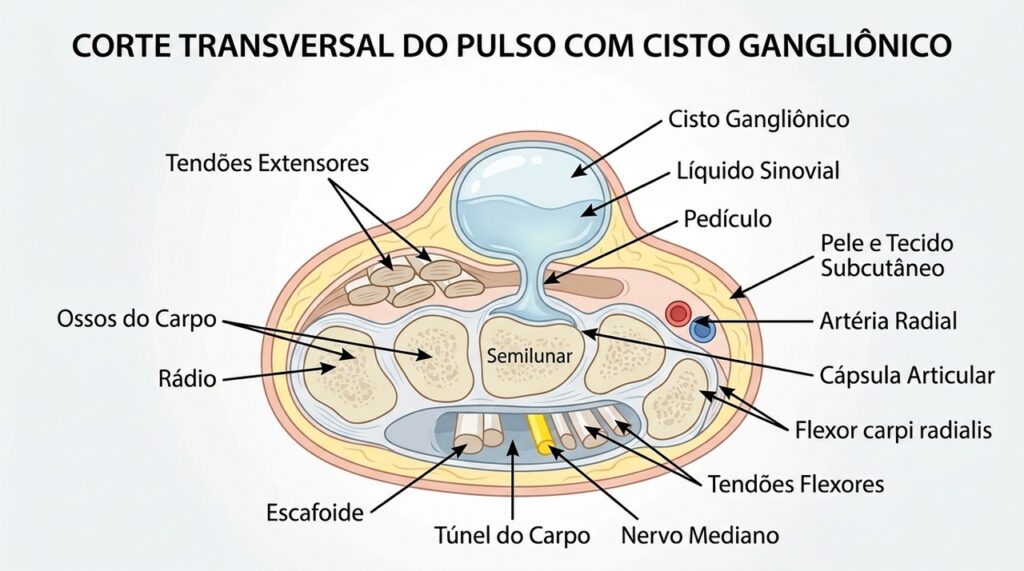 O cisto sinovial é uma bolsa cheia de líquido que pode surgir a partir da articulação ou da bainha de um tendão.