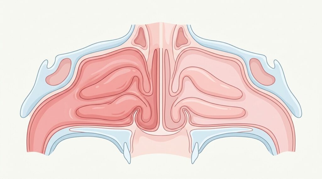 O estreitamento da passagem nasal ou o inchaço da mucosa pode dificultar a respiração de um lado.