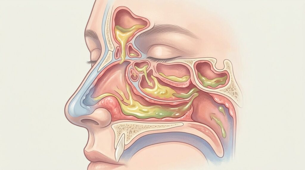 Congestão e secreção nasal espessa após infecção respiratória podem favorecer a suspeita de sinusite.