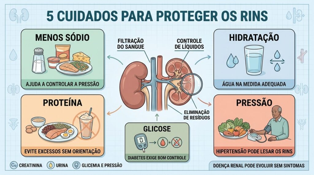 Cinco cuidados unem sódio, hidratação, proteína, pressão e glicose na proteção renal.