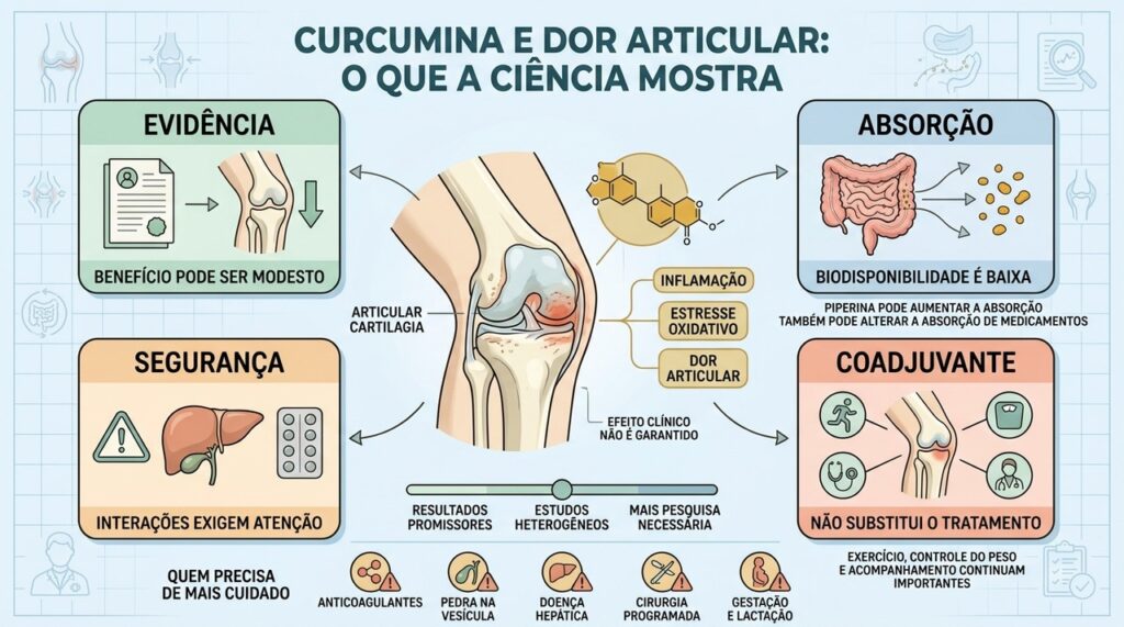 Evidência, absorção, segurança e uso complementar orientam decisões sobre curcumina na artrose.