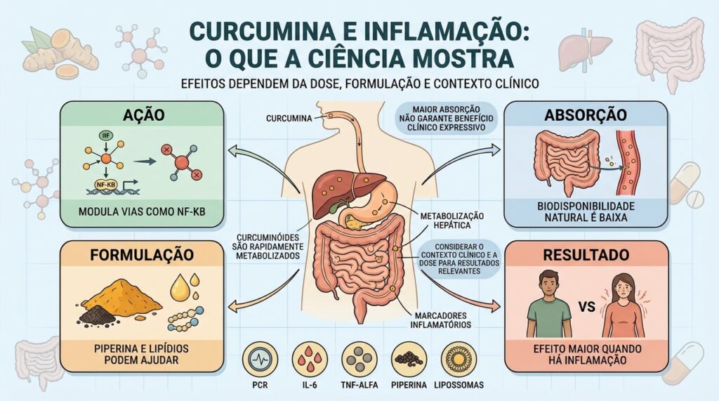 Ação molecular, absorção, formulação e contexto clínico determinam o efeito real da curcumina.