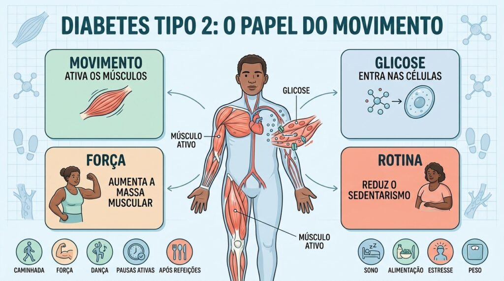 Músculos ativos captam glicose melhor, enquanto pausas reduzem os efeitos do sedentarismo.