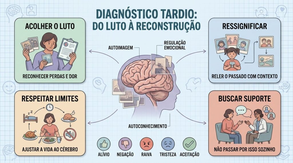 Acolhimento, ressignificação, limites e suporte ajudam na adaptação após o diagnóstico tardio.