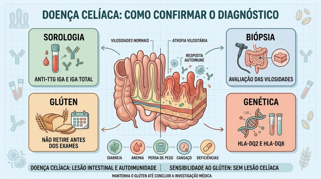 Sorologia, biópsia, exposição ao glúten e genética orientam o diagnóstico celíaco.