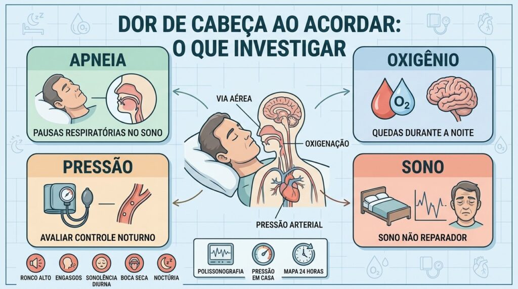 Apneia, oxigenação, pressão e qualidade do sono orientam a investigação da cefaleia matinal.
