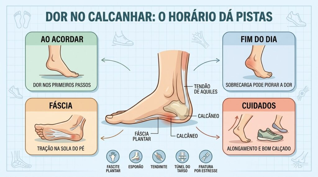 Horário, localização e sobrecarga ajudam a diferenciar as causas da dor no calcanhar.