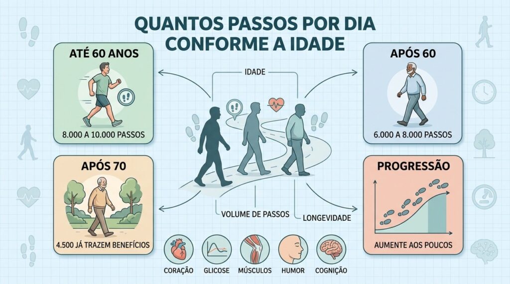 Metas de passos variam com a idade e favorecem coração, músculos e longevidade.