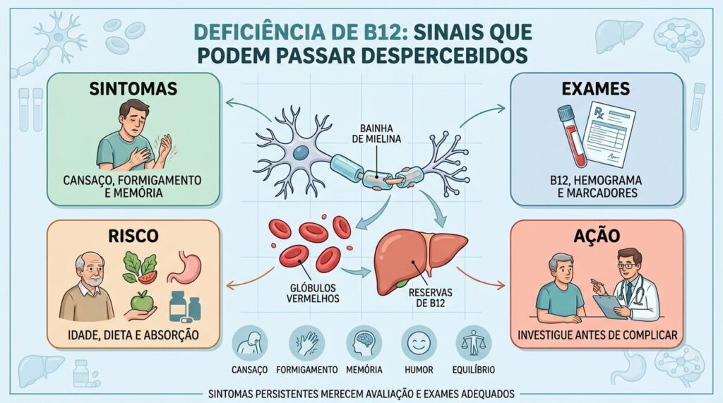 Sintomas, exames, fatores de risco e investigação ajudam a identificar a deficiência de B12.