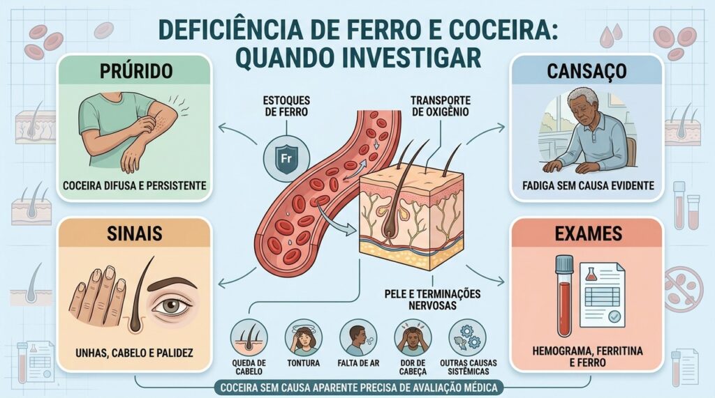 Prurido, cansaço, alterações em unhas e exames ajudam a investigar deficiência de ferro.