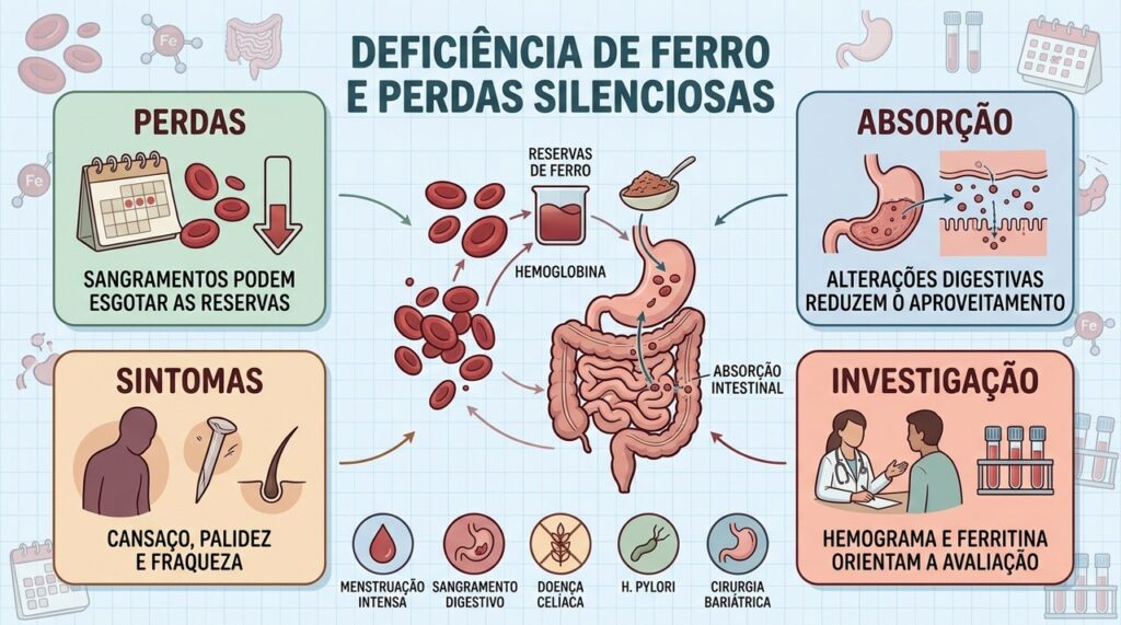 Perdas de sangue, absorção intestinal e exames ajudam a explicar a deficiência de ferro.