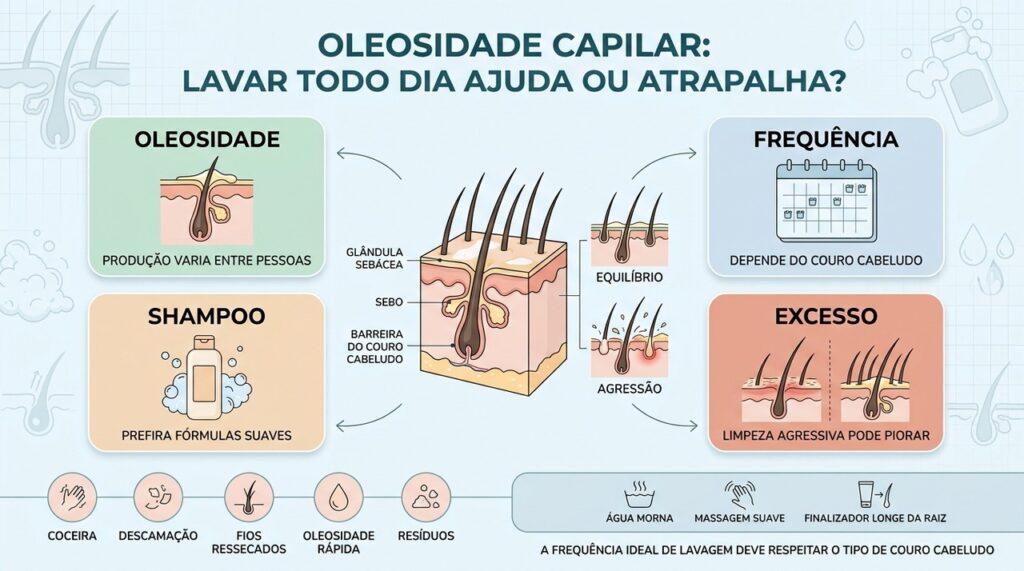 Oleosidade, frequência, shampoo e técnica de lavagem determinam o equilíbrio do couro cabeludo.
