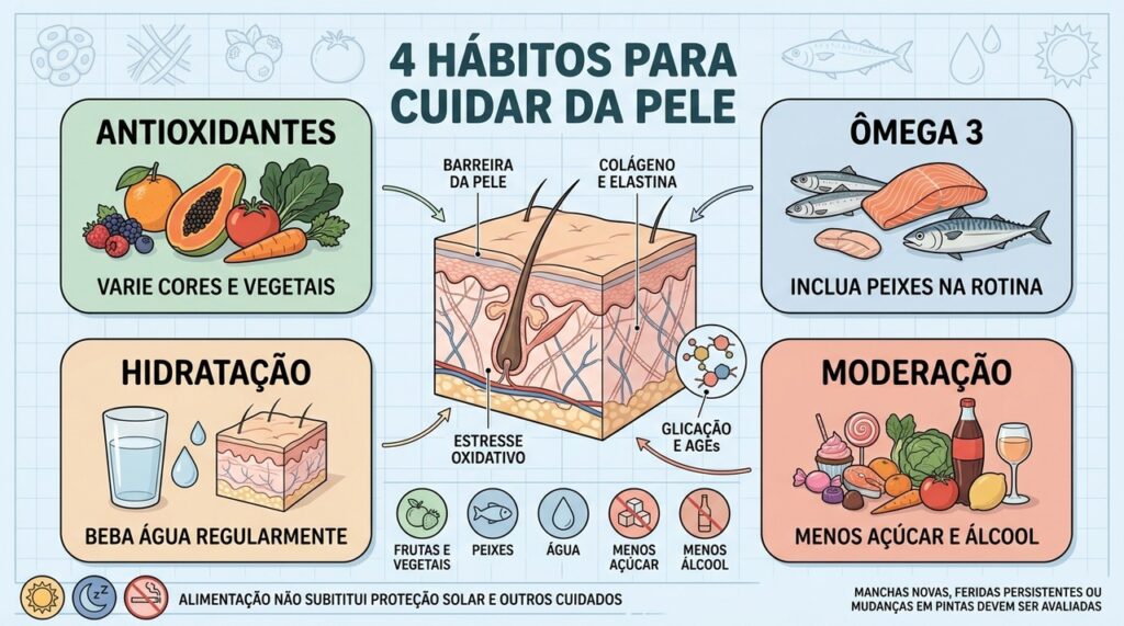 Vegetais, ômega 3, água e moderação ajudam a sustentar a saúde cutânea.