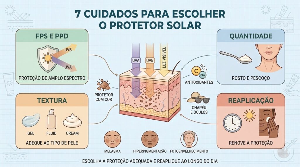 FPS, PPD, quantidade, textura e reaplicação são essenciais contra manchas solares.