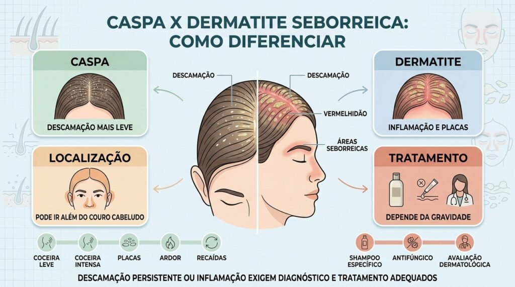 Descamação, inflamação, localização e gravidade ajudam a diferenciar as duas condições.