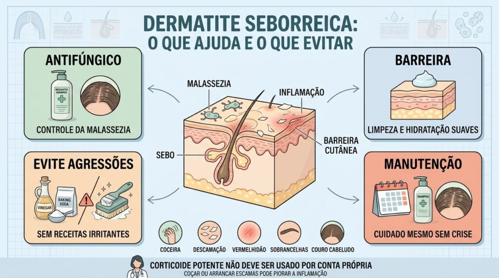 Antifúngico, proteção da barreira e manutenção ajudam a controlar a dermatite seborreica.