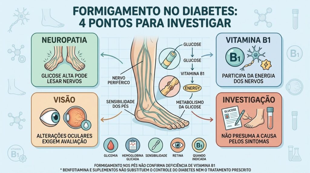 Neuropatia, vitamina B1, visão e exames ajudam a investigar formigamento no diabetes.