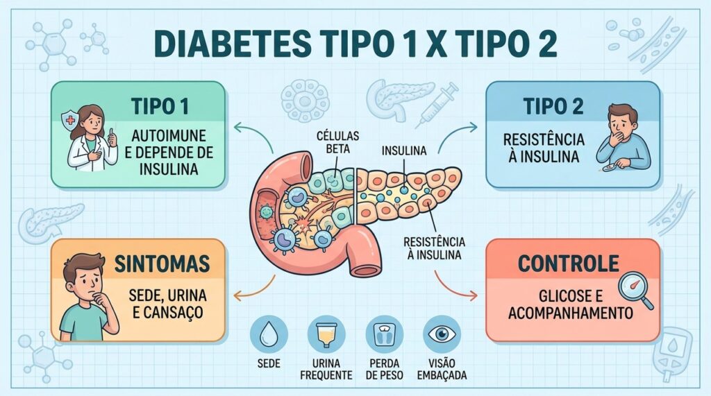Tipo 1 exige insulina; tipo 2 envolve resistência, hábitos, medicamentos e acompanhamento contínuo.