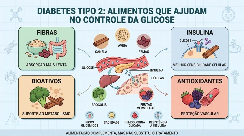 Fibras, bioativos e antioxidantes ajudam a reduzir picos e melhorar o controle glicêmico.