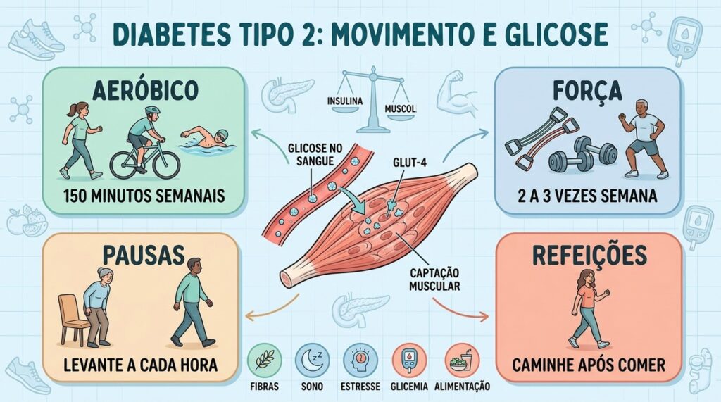 Exercício aeróbico, força, pausas ativas e caminhadas pós-refeição favorecem o controle da glicose.