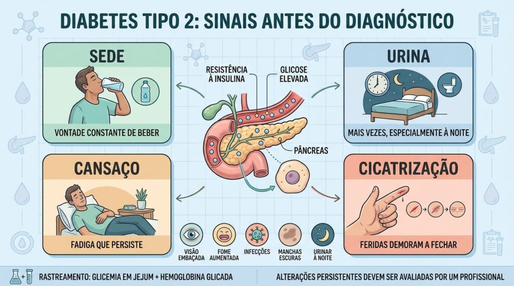 Sede, urina frequente, cansaço e cicatrização lenta merecem investigação da glicose.