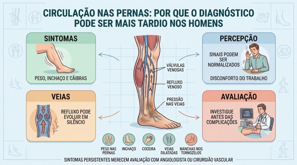 Sintomas discretos, percepção tardia e refluxo venoso podem atrasar o diagnóstico nos homens.