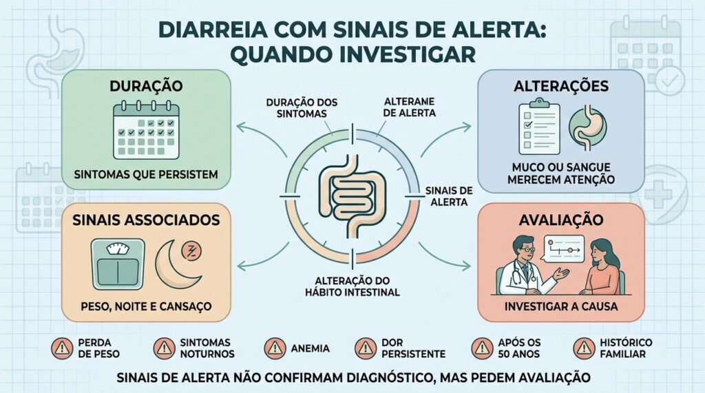 Duração, alterações persistentes e sinais associados ajudam a orientar a investigação intestinal.