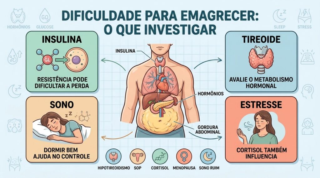 Insulina, tireoide, sono e estresse ajudam a investigar obstáculos metabólicos ao emagrecimento.
